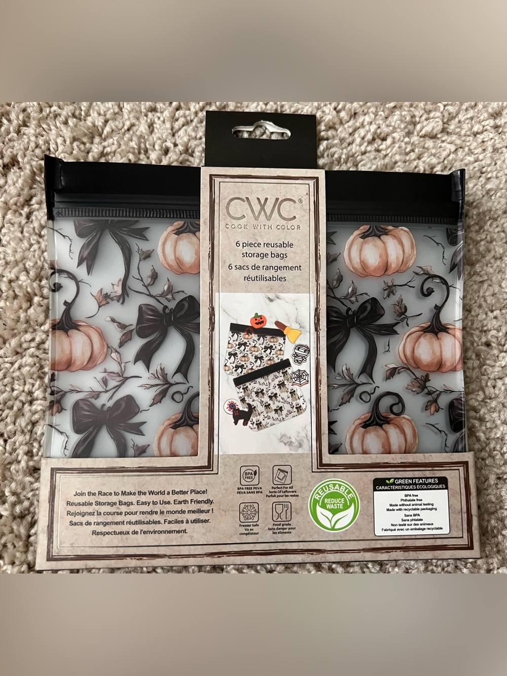 CWC Halloween Ghost Bow Pumpkin Reusable Zip Storage Bags - (6) Piece